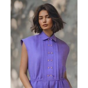 80's Checkaberry Midi Dress Size Large 12 Collar Double Button Lavender NWT*